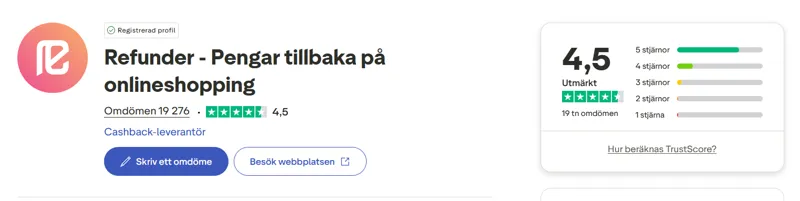 Refunder får höga betyg av användarna på Trustpilot